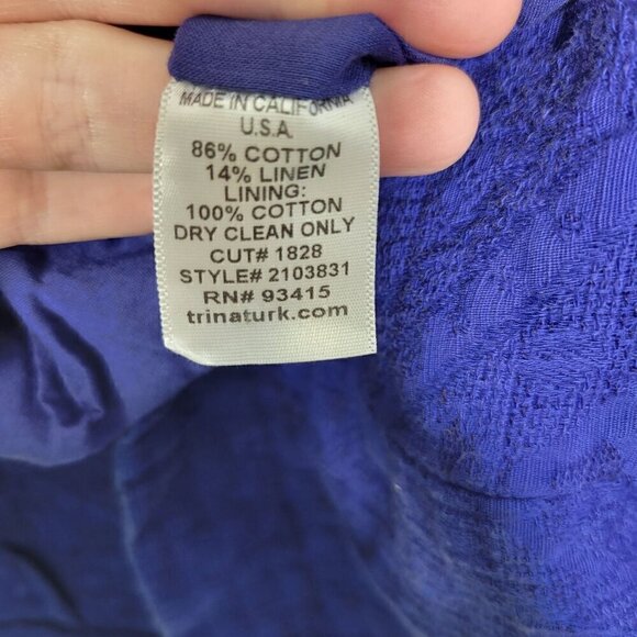 Trina Turk Women's Sheath Dress Embroidered Cotton Linen Cobalt Blue Size 12 - Picture 12 of 12